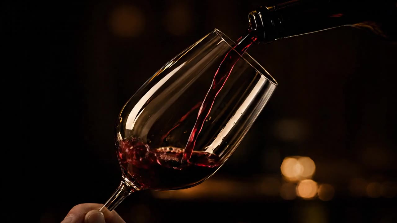 Red wine poured into a tilted glass in warm evening light